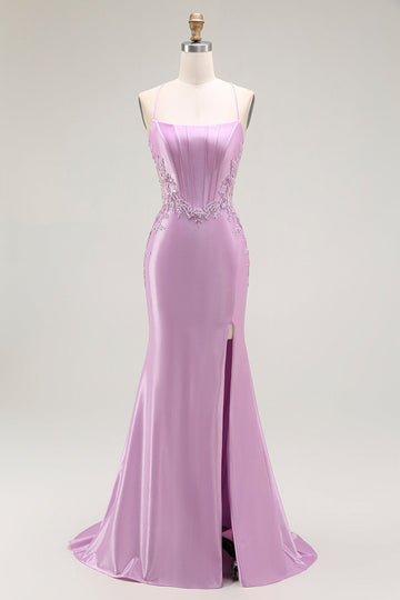 Vestido largo de fiesta con corsé de tirantes finos de sirena morada con abertura